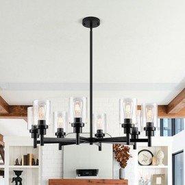Seilisy 8 Lights Black Chandelier for Dining Room, Farmhouse Modern Contemporary Industrial Ceiling Hanging Pendant Lighting Fixture with Glass Shade for Dinning Kitchen Island Living Room Hallway