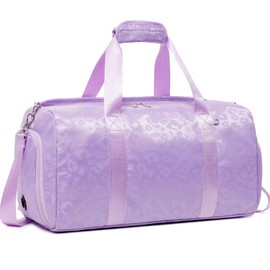 Kids Duffle Bag for Girls Dance Bag Kids Gym Bag Travel Bag for Weekender Sleepover Overnight Bag with Shoe Compartment and Wet Pocket, Leopard Purple