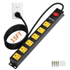 Power Strip 2700J Surge Protector, Heavy Duty Power Strips with 15FT Long Cord and Flat Plug, Wall Mountable Metal 6 Outlet Strip for Desk, Garage, Workbench and Kitchen