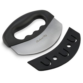 Checkered Chef Salad Chopper Tool with Cover, Mezzaluna Knife Stainless Steel Vegetable Rocker, Mincer, Cutter