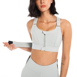 SEAUR Sports Bra, Fixed Chest Padding, Front Zip, Women's Bra with Adjustable/Not Adjustable Straps, Training Bustier for Running, Yoga, (Style 1, Adjustable) Grey 1