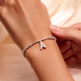 ZIIERMOSS Initial Bracelet for Women Girls,Alphabet A-Z Silver Bracelet for Women Adjustable sterling silver Zirconia Letter Birthday Gifts for Friends Mum Daughter