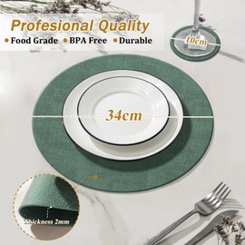 KERYCHIN Round Leather Placemats and Washable Coasters, Heat Resistant 212 °F, Non-Slip and Waterproof, Decorative Accessories for Restaurant, Kitchen, Hotel, Outdoor, Indoor, 12 Pieces, (Green)