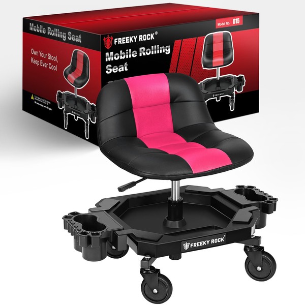 FREEKYROCK Rolling Stool with Wheels, Adjustable Height Pneumatic Garage Work