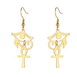 Eye of Horus Ankh Earrings for Women Stainless Steel Ancient Egyptian Eye of Horus with Ankh Cross | Double Wing Dangle Earring Protection Jewelry (gold)
