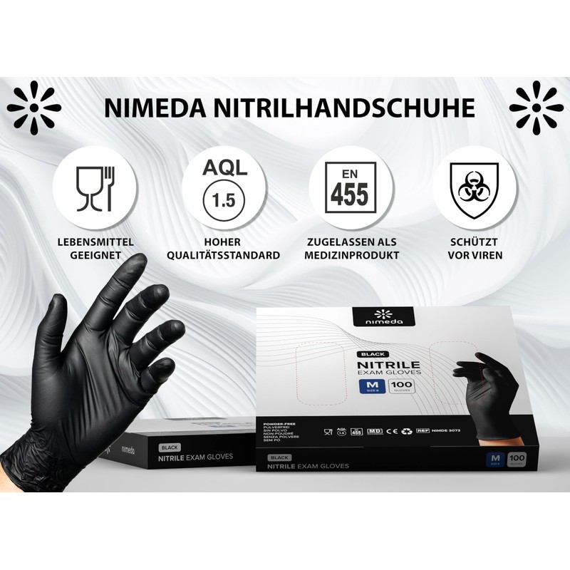 NIMEDA Nitrile Gloves M Black Pack of 100 Disposable Gloves