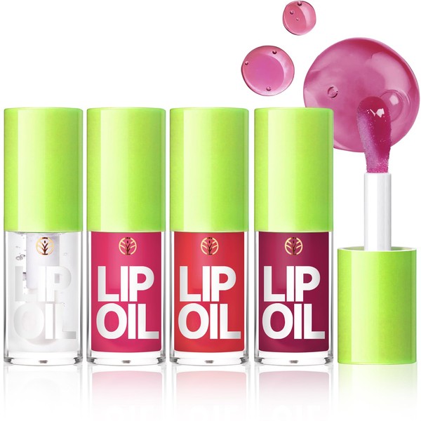 NewBang Lip Oil Set, 4 Colours Big Brush Head Hydrating Lip Glow Oil, Plumping Transparent Shiny Moisturising Tinted Lip Gloss, Long Lasting Nourishing Non-Sticky Fresh Clear Smooth Lip Care Oil