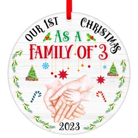 PETCEE Our First Christmas as a Family of Three Ornament 2023 Baby's First Christmas Ornament 3" Family Ornaments for Christmas Tree Decorations Christmas Keepsake Gift for Baby New Parents Pregnancy