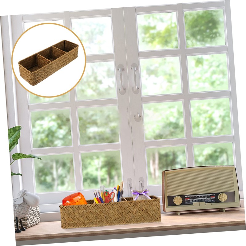 ABOOFAN Natural Seagrass Basket 3 Compartment Storage Box Elegant Desktop