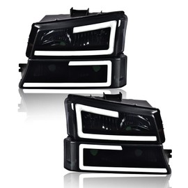 G-PLUS LED DRL Headlights, Compatible with 2003 2004 2005 2006 Chevy SIlverado/Avalanche 1500 2500 Bumper Headlamps, Smoky Lens Black Housing Clear Reflector,faros delanteros