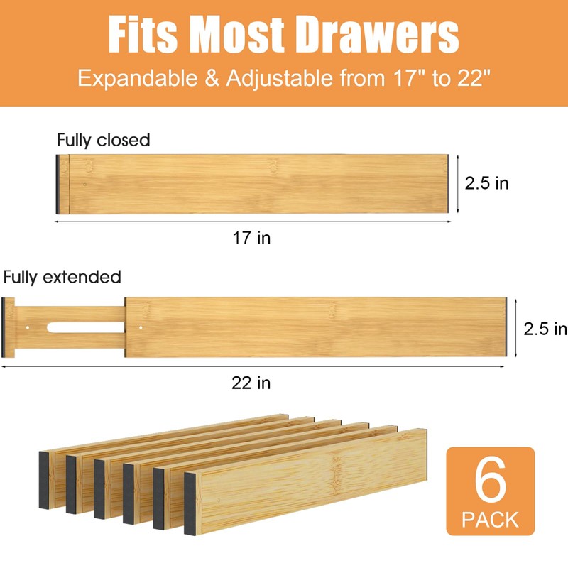 Ryqtop Bamboo Drawer Dividers,17-22" Adjustable Kitchen Drawer Organizer for Clothes,6