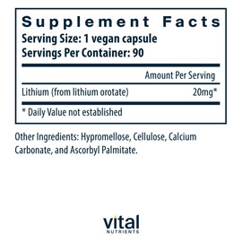 Vital Nutrients Lithium Orotate 20mg | Vegan Lithium Supplements for Memory, State of Mind, and Behavioral Health* | Gluten, Dairy, Soy Free | 90 Capsules