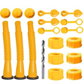 Gas Can Spout Replacement, Gas Can Nozzle,(3Kit-Yellow) with 6 Screw Collar Caps(3 Coarse Thread &3 Fine Thread-Fits Most of The Cans) with Gas Can Vent Caps, Thick Rubber pad, Spout Cover, Base Caps