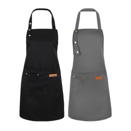 Moliwulong 2 Pack Kitchen Apron for Women, Grey Black Chef Cooking Apron with Pockets and Adjustable Neck Strap, Canvas Waterproof Apron for Hairdressing Gardening Home Kitchen Restaurant