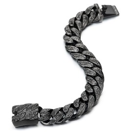 COOLSTEELANDBEYOND Mens Fancy Vintage Black Stainless Steel Tribal Tattoo Pattern Curb Chain Bracelet Spring Box Clasp