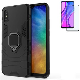 for Xiaomi Redmi 9A Case with Tempered Glass Screen Protector,Hybrid Heavy Duty Shockproof Armor Dual Layer Protection Defender Back Case Cover for Xiaomi Redmi 9A with Car mountand Kickstand (Black)