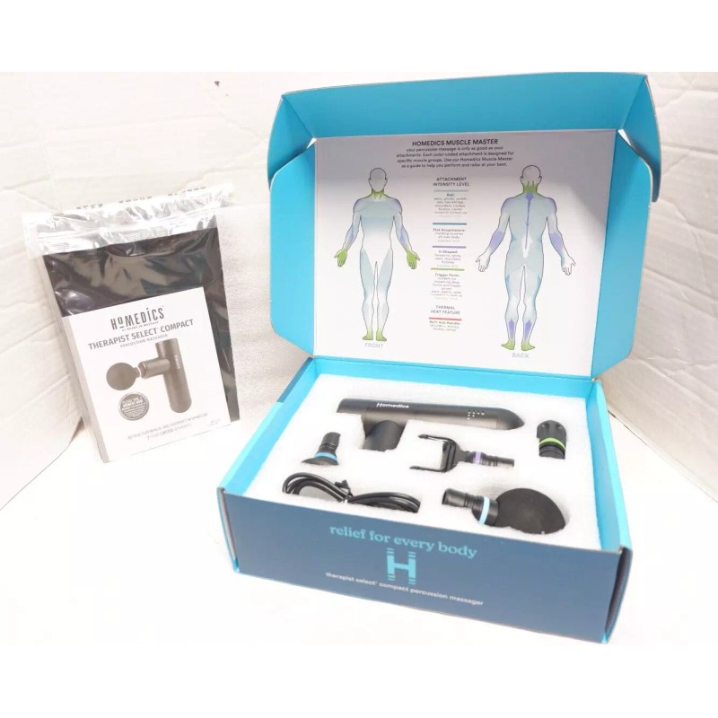 Homedics Percussion Massager Gun Heat Rechargeable 4 Attachments Compact Size