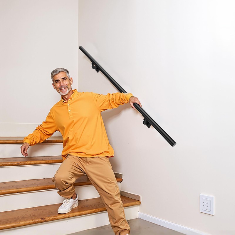 VEVOR Wall Mounted Stair Handrail, 4ft Pipe Staircase Handrail, Black