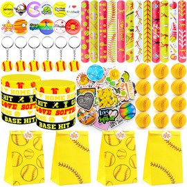 BOIKOKY 122Pcs Softball Party Favors Softball Goodie Bags Stuffers with Stress Ball Keychain Sticker Badges Silicone Bracelet for Softball Birthday Party Decorations