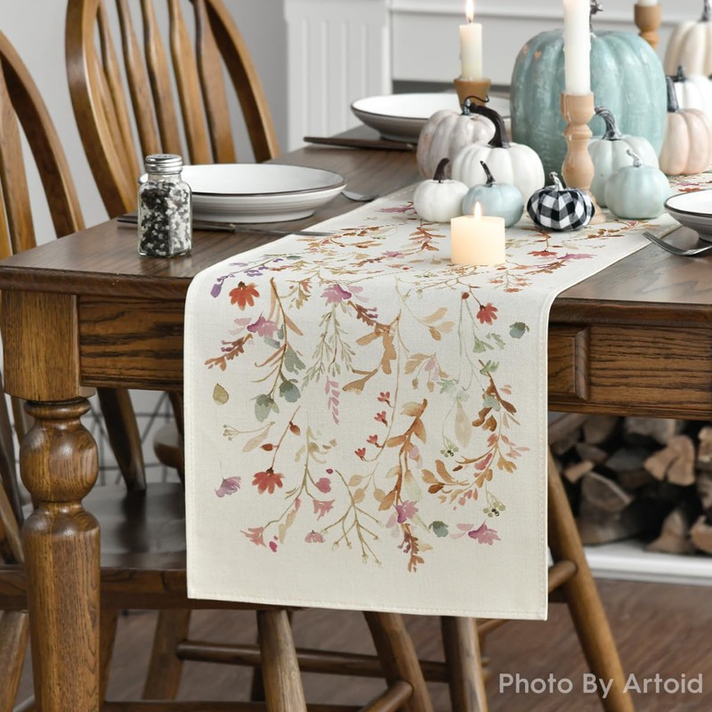 Artoid Mode Flowers Leaves Autumn Table Runner, Seasonal Fall Kitchen