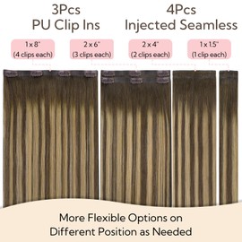 HOTBANANA Invisi Edge Clip in Hair Extensions, 18inch 110g 4Pcs Injected Seamless and 3Pcs PU Clip Ins Human Hair Extensions Balayage Chocolate Brown with Honey Blonde