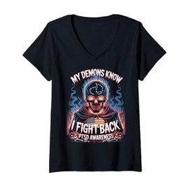 Womens Reaper PTSD My Demons Know I Fight Mental Health Awareness V-Neck T-Shirt