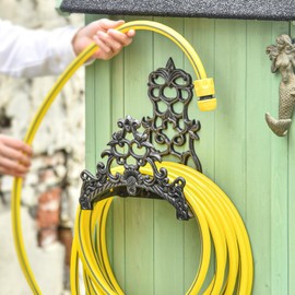 Sungmor Heavy Duty Cast Iron Garden Hose Holder - Wall Mounted Water Hose Hanger - Antique Emblem Decorative Hose Reel - Water Hose Rack Butler Storage - Two Installation Methods Wall Decor Holder