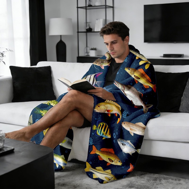 Fishing Blanket Gift for Men Boys Soft Flannel Fish Throw