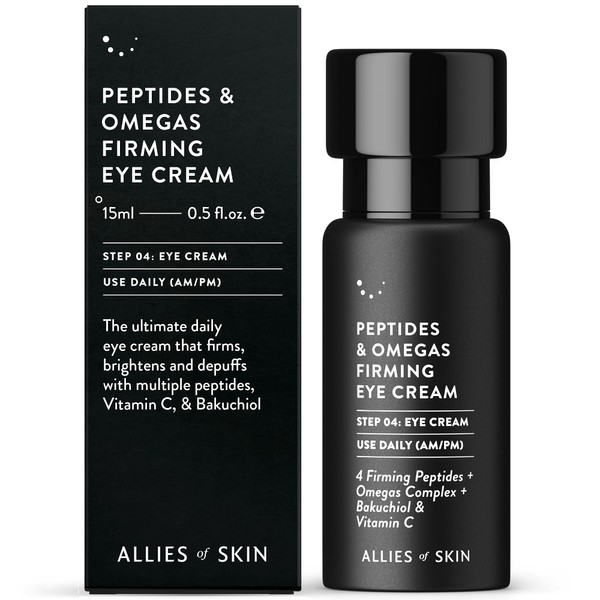 Allies of Skin Peptides & Omegas Firming Eye Cream: Vitamin C, Bakuchiol, Ceramide. For Dark Circles, Wrinkles & Puffiness. Anti-Aging. Firms & Brightens Under Eye Area 0.5 oz / 15 ml