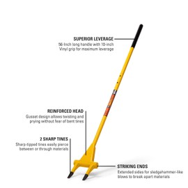 Honey Badger Demolition Fork, 56-inch 2-tine Wrecking Pry Bar, Multipurpose Tool for Flooring, Siding, Trim, Drywall, Roofing, and Decking