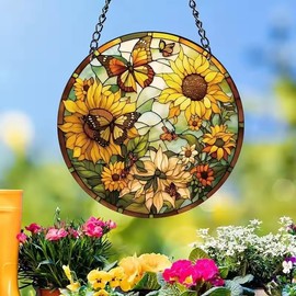 Golden Sunflower Stained Window Hanging, 11.81 in Large Acrylic Suncatcher Window Panel Double-Sided Butterfly Wall Decor for Cafe Home, Gift for Mom, Grandma, Wife, Teacher, Flower Lover