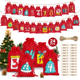 jbcgv 24 Pcs Christmas Advent Calendar Bags - Countdown Calendar Bags Burlap Drawstring Gift Bags with Number Tags, Wood Clips & Rope Reusable Hanging Countdown Calendar for Candy, Gifts, Xmas