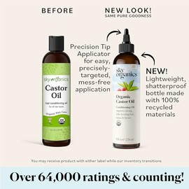 Sky Organics Aceite De Ricino Orgánico, Puro, Sin Hexano, Prensado En Frío Para Apoyar El Cabello, Las Pestañas Y Las Cejas Más Fuertes Y De Aspecto Más Completo, Bueno Para Paquetes De Ricino, Aceite