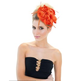 ITODA Feather Fascinators Hat Flower Fascinators Hat Vintage Cocktail Tea Party Headwear Flower Mesh Hair Clip Bridal Headpiece Wedding Church Hats for Women Girls Orange