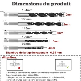 KEWAYO Brad Drill Bits 5pcs (4-10mm) Hexagonal Drill Bits Twist Drill Bit Set for Wood, Pointed and Braid Drill Bits for Wood