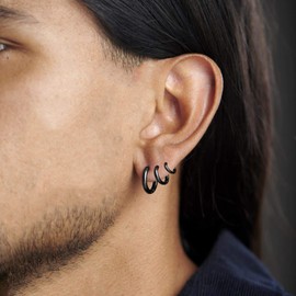 CERSLIMO Creole Earrings 925 Silver, Women’s Men’s Silver Gold Black Small Hoop Earrings Set (8 mm/10 mm/12 mm), Delicate Cartilage Tragus Helix Sleeping Earrings, Base Metal, black