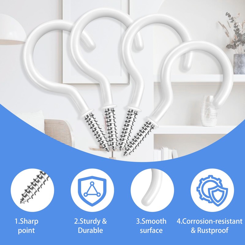 KVCSYAW 20 Pcs White Steel Ceiling Hooks, 2.9 Inch, Rust-Resistant,
