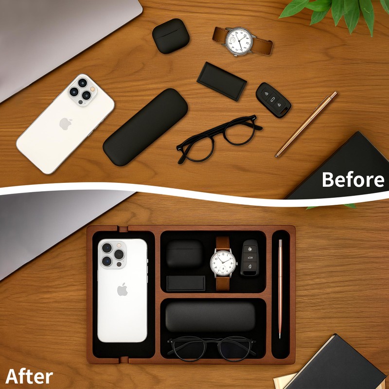 Valet Tray, Multi-Space Acacia Wood Leather Surface Desk Organizer Tray