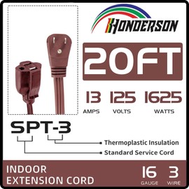 HONDERSON Flat Plug Extension Cord, UL Listed, Indoor Extension Cord 16 Gauge 20FT Brown, 16/3 SPT-3 13A 3 Prong Grounded Power Cord for Home, Office