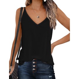 Zeagoo Womens V Neck Cami Tank Top Strap Sleeveless T Shirt Casual Loose Cotton Vest Blouse, Black, Small