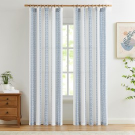 jinchan Boho Linen Curtains 84 Inches Long Country Farmhouse Printed Living Room Bedroom Curtains Dark Blue on White Window Curtains Rod Pocket Back Tab Geometric Light Filtering Curtain Set 2 Panels