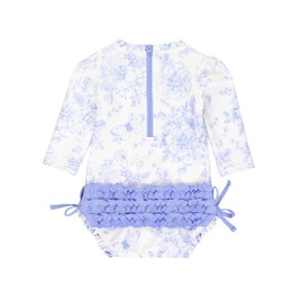RuffleButts Baby Girls UPF 50+ Sun Protection Floral Printed Long Sleeve One Piece Rash Guard Swimsuit with Zipper - Periwinkle Butterfly Garden, 12-18m