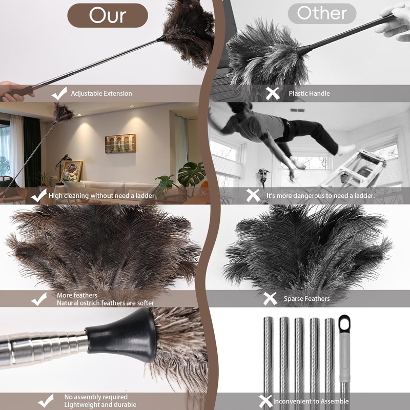Extendable Ostrich Feather Duster - 40 inches Fluffy Long Handle