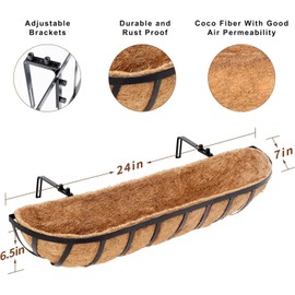 Y&M 2pcs 24 Inch Window Deck with Coco Liner, 24" Window Boxes Horse Trough with Coconut Coir Liner, Black Metal Hanging Flower Planter Window Basket Deck Railing Planter Boxes for Outdoor Indoor