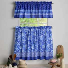 Maison d'Hermine Kitchen Curtains Sets for Windows 100% Cotton Set of Kitchen Curtains Valances for Cafe Home [2 Tiers (28"X36") and 1 Valance (56"X18")] - Easter Decorations (Indigo Love)
