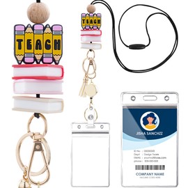 2025 Teacher Lanyards with ID Holder - Cute Pencil Book Silicone Beaded Retractable ID Card Lanyard, Detachable Lanyard with Transparent Card Holder Set Gifts for Women