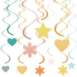 Breling 72 Pcs Natural Color Felt Rainbow Hanging Swirl Decorations Ceiling Streamer Colorful Flowers Stars Hearts Spiral Decor Garland for Baby Shower Birthday Wedding Party Classroom Supplies