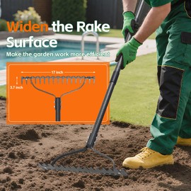 Bow Rake, 49" Adjustable Long Handle Lawn Leveling Garden Rake with 17 Tines, Garden Tool with Heavy Duty Metal for Looseing Soil, Weede Control