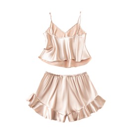 SOLY HUX Women's Pajama Set Silk Satin Sleepwear Cami Tops and Ruffle Shorts Loungewear Champagne Small