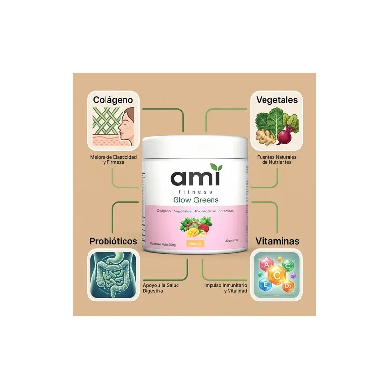 Polvo Ami Fitness Glow Green Colágeno Probióticos Jugo Verde